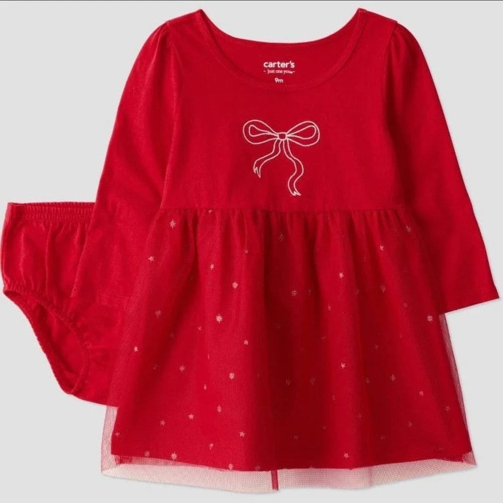 Carters Red Long Sleeve Tulle Dress with Bow and Bloomers Size 6 Months‎